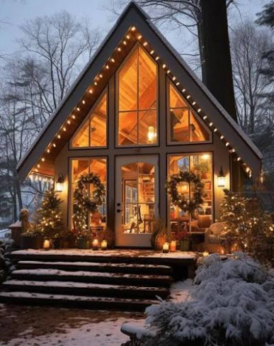 An A-frame mountain home decorated with holiday lights and greenery