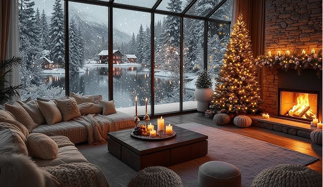 A decorated interior Christmas tree by a window overlooking a lake